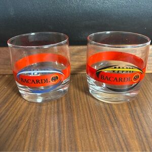 Set/2 Bacardi Rum Bat Football Graphic Red Stripe Lowball Rocks Glasses